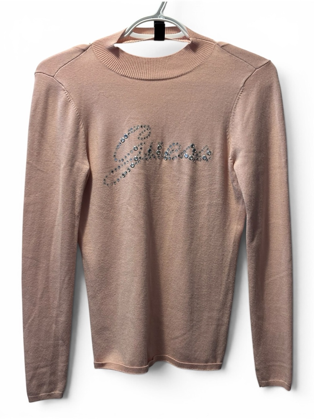Guess Rhinestone Logo Choker Sweater Pink Long Sleeve Knit Top Size Small